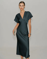 Grey Green Satin Cowl Sleeve Midi Dress