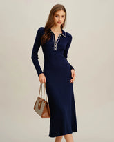 Blue Contrasting Button Sweater Dress