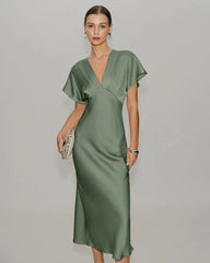 Green Satin V Neck A-Line Midi Dress