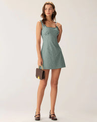 Green Plaid Square Neck Slip Mini Dress