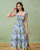Blue Floral Square Neck Shirred Midi Dress