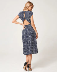 Blue Floral Cap Sleeve Midi Dress