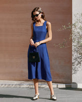 Blue Square Neck Pleated Sleeveless Midi Dress