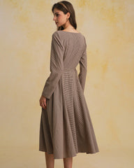 Brown Gingham Square Neck Belted Maxi Dress