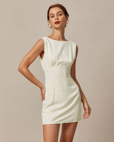 The Beige Boat Neck Back Bowknot Mini Dress