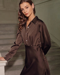 Coffee Ruched Button Midi Dress