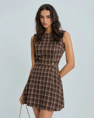Brown Sleeveless Plaid Mini Dress