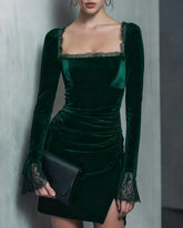 Green Velour Square Neck Mini Dress