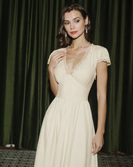 Apricot V Neck Lace Maxi Dress