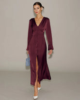 Wine Red V Neck Satin Maxi Dress