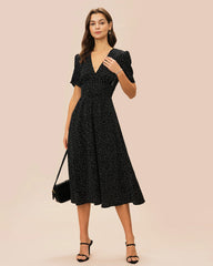 Black V Neck Polka Dot Midi Dress