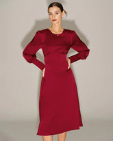 Wine Red Satin A-Line Midi Dress