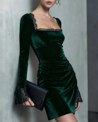 Green Velour Square Neck Mini Dress