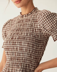 Coffee Gingham Puffed Sleeve Mini Dress