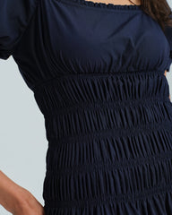 Blue Puffed Sleeve Shirred Midi Dress