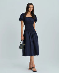 Blue Puffed Sleeve Shirred Midi Dress