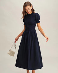 Blue Shirred A-Line Midi Dress