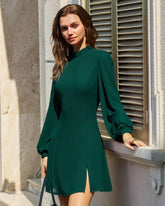 The Green Stand Collar Sheer Slit Mini Dress