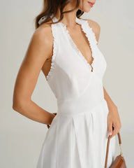 White V Neck Halter Sleeveless Midi Dress