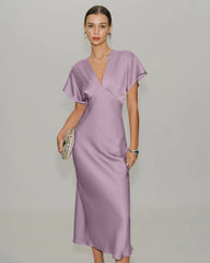 Pink Satin Cowl Sleeve Midi Dress