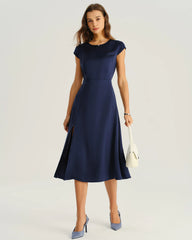 Navy Satin Cut Out Slit Midi Dress