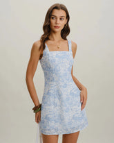 Blue Floral Square Neck A-Line Slip Mini Dress