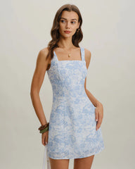 Blue Floral Square Neck A-Line Slip Mini Dress