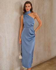 Blue One Shoulder A-Line Satin Maxi Dress