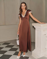 Brown Satin V Neck Lace Maxi Dress