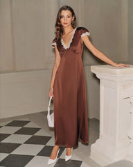Brown Satin V Neck Lace Maxi Dress