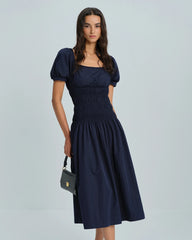 Blue Puffed Sleeve Shirred Midi Dress