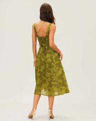 Green Square Neck Jacquard Midi Dress