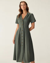 Green V Neck Pleated Button Midi Dress