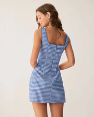 Blue Plaid Square Neck Slip Mini Dress