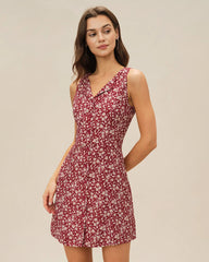 Red V Neck Floral Mini Dress