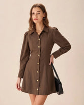 Brown Tie Button Mini Dress