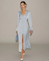 Grey Satin Bell Sleeve Maxi Dress