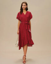 Red Butterfly Sleeve Polka Dot Midi Dress