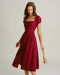 Wine Red Square Neck A-Line Midi Dress