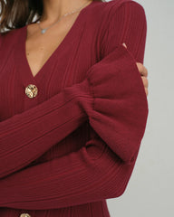 Wine Red Bell Sleeve V Neck Sweater Dress
