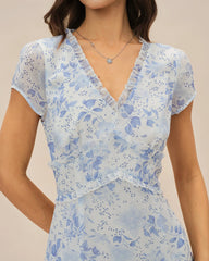 Blue V Neck Floral Midi Dress