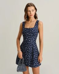 Navy Floral Square Neck Slip Mini Dress