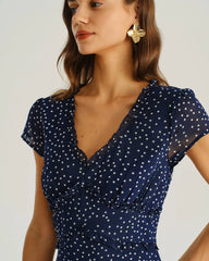 Navy Polka Dot Cap Sleeve Midi Dress
