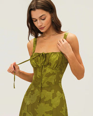 Green Square Neck Jacquard Midi Dress