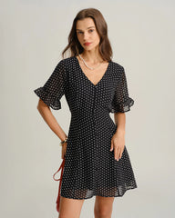 Black Polka Dot V Neck Ruffle Mini Dress