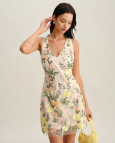 Yellow V Neck Floral Sleeveless Mini Dress