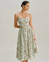 Green Floral Sweetheart Neck Pleated Slip Midi Dress