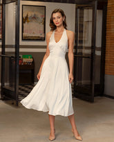 Apricot Halter Backless Satin Midi Dress