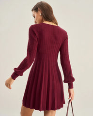 Wine Red V-Neck A-Line Sweater Dress