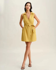 Yellow Tie Waist Sleeveless Mini Dress